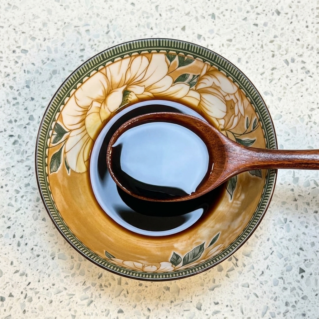 Una cuchara de madera mezclando salsa de soja, salsa de soja oscura, miel y agua en un tazón de cerámica estampado.