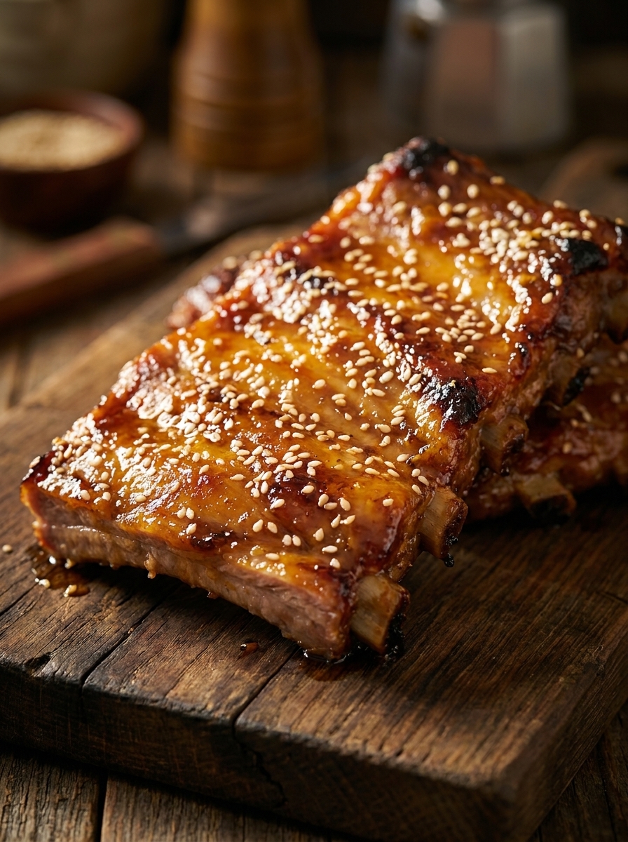 Tiras de panceta salteándose con aromáticos y salsas en una sartén.