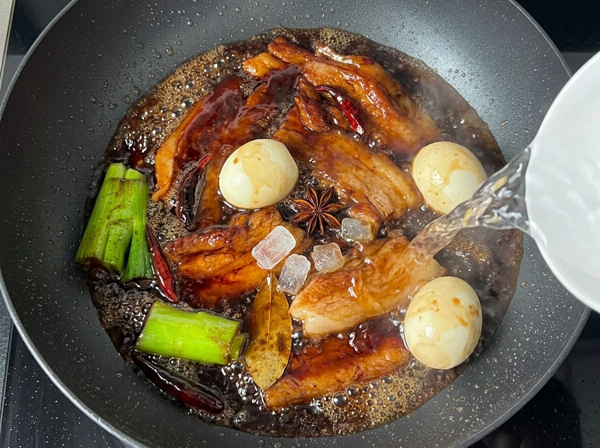 Una sartén con panceta, huevos, especias y agua hirviendo a fuego lento con azúcar de roca.