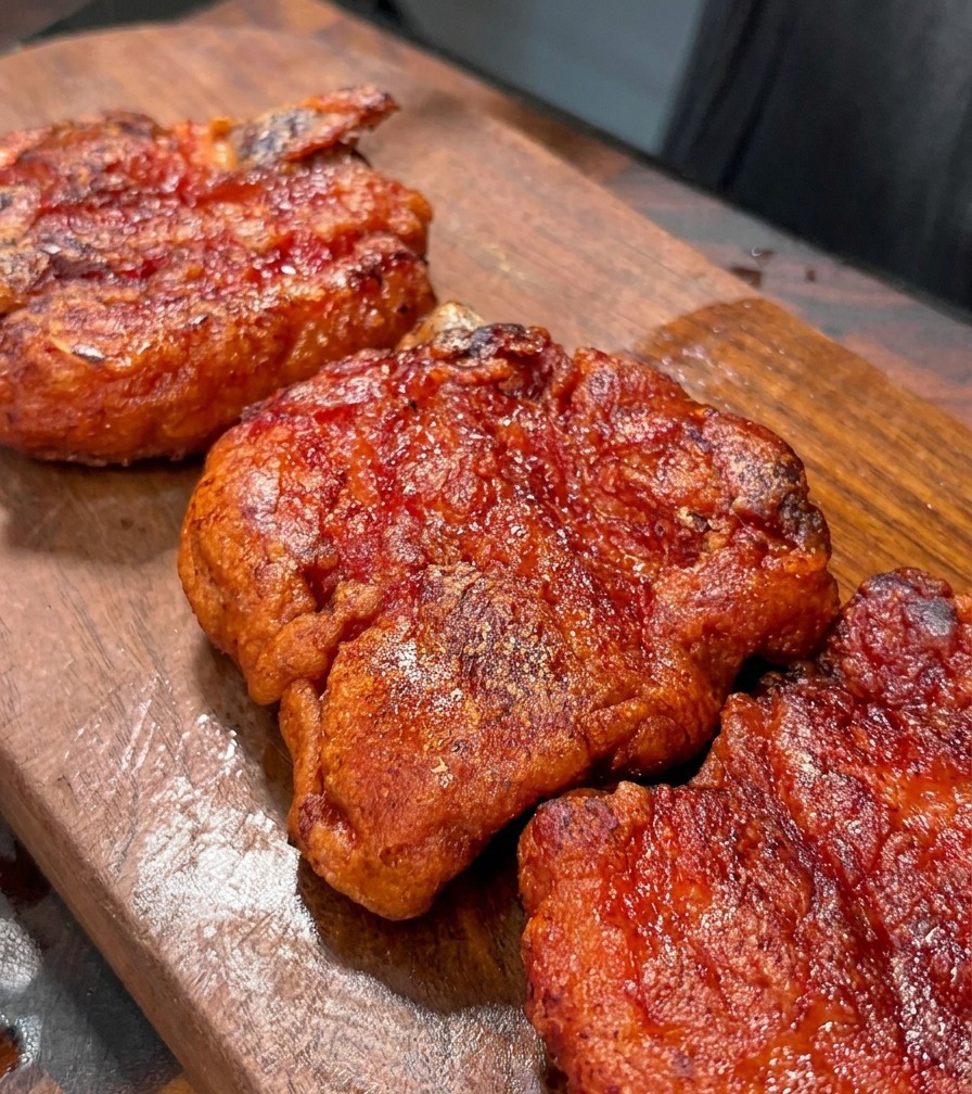 Tiras de panceta de cerdo fritas y crujientes siendo cortadas sobre una tabla de madera.