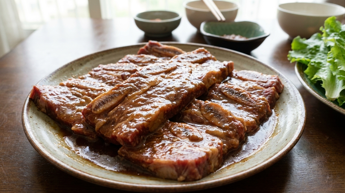 Costillas de res cubiertas en un rico adobo salado a base de soja, listas para la parrilla.