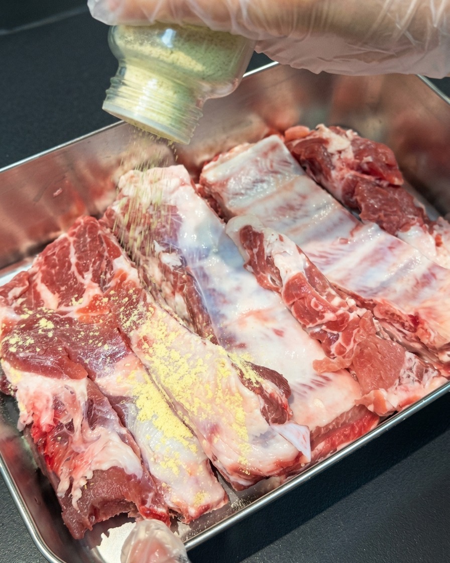 Una mano espolvoreando ajo y jengibre en polvo sobre costillas crudas en una bandeja.