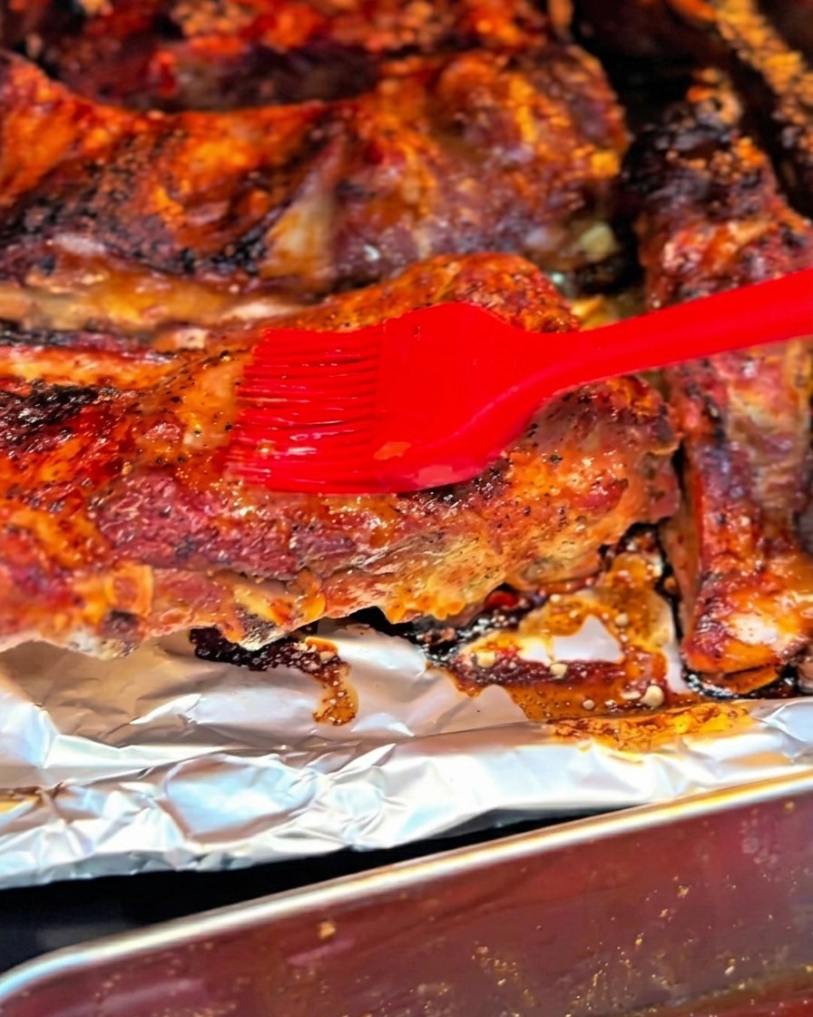 Un pincel de silicona rojo aplicando un glaseado brillante sobre las costillas mientras se doran.