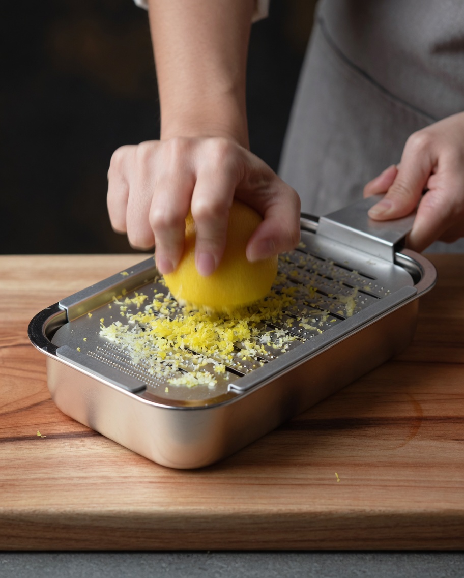 Manos frotando un limón fresco contra un rallador de metal sobre un recipiente.