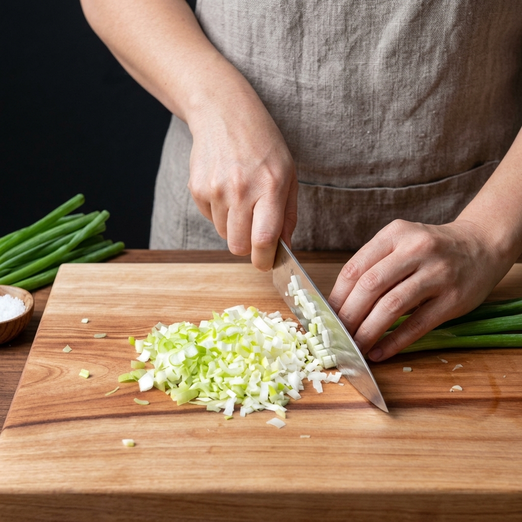 Manos usando un cuchillo de chef para picar una cebolla verde sobre una tabla de madera.