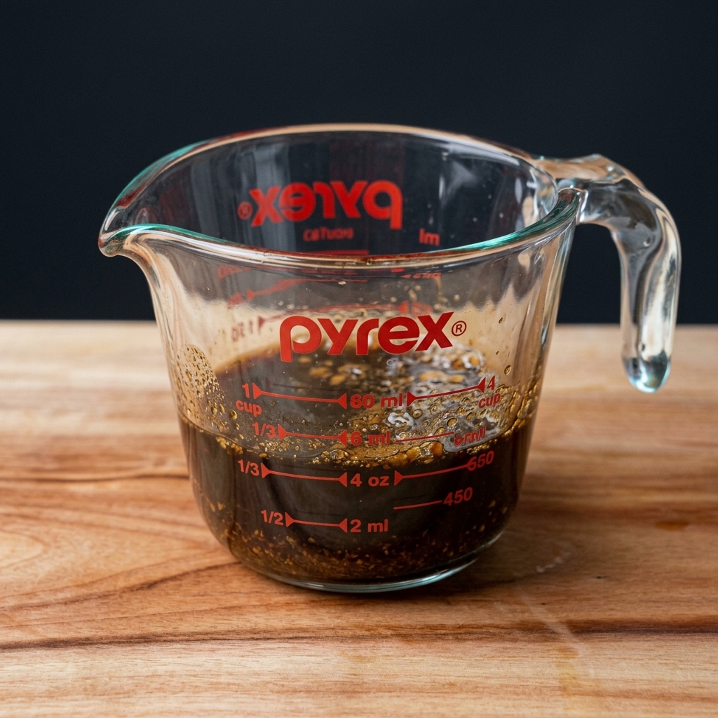 Una taza medidora de vidrio llena con una mezcla de marinado a base de salsa de soja oscura.