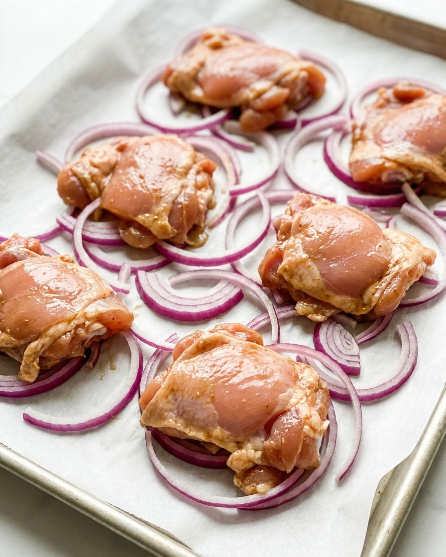 Muslos de pollo marinados acomodados sobre papel para hornear encima de rodajas de cebolla roja.