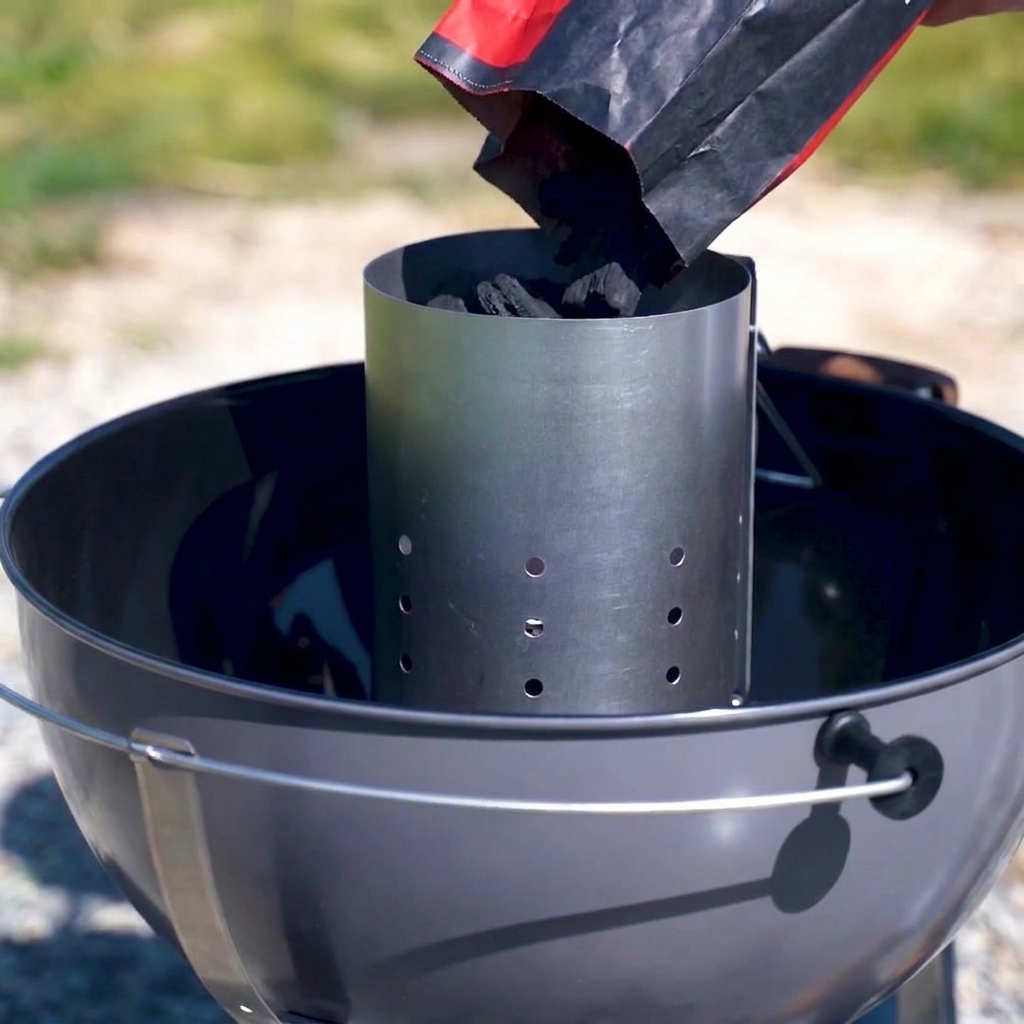Briquettes de carbón llenando un encendedor de chimenea metálico, listos para encender.