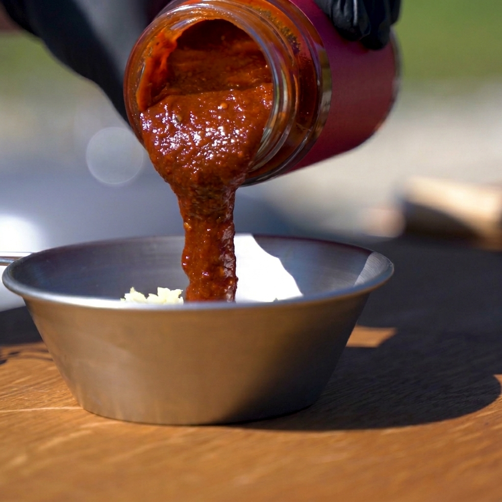 Una mezcla de ingredientes para la salsa de chile coreano en un tazón de metal, lista para batir.
