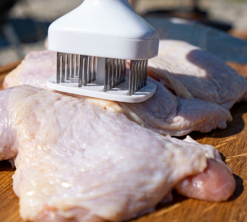 Muslos de pollo crudos siendo preparados con un ablandador de carne sobre una tabla de madera.