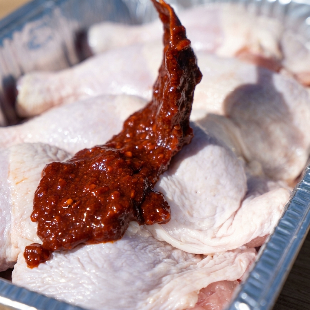 Muslos de pollo en una bandeja de aluminio siendo cubiertos con una vibrante salsa de chile coreano roja.