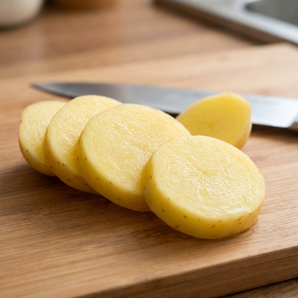 Rodajas de patata picadas uniformemente sobre una tabla de cortar de madera al lado de un cuchillo.