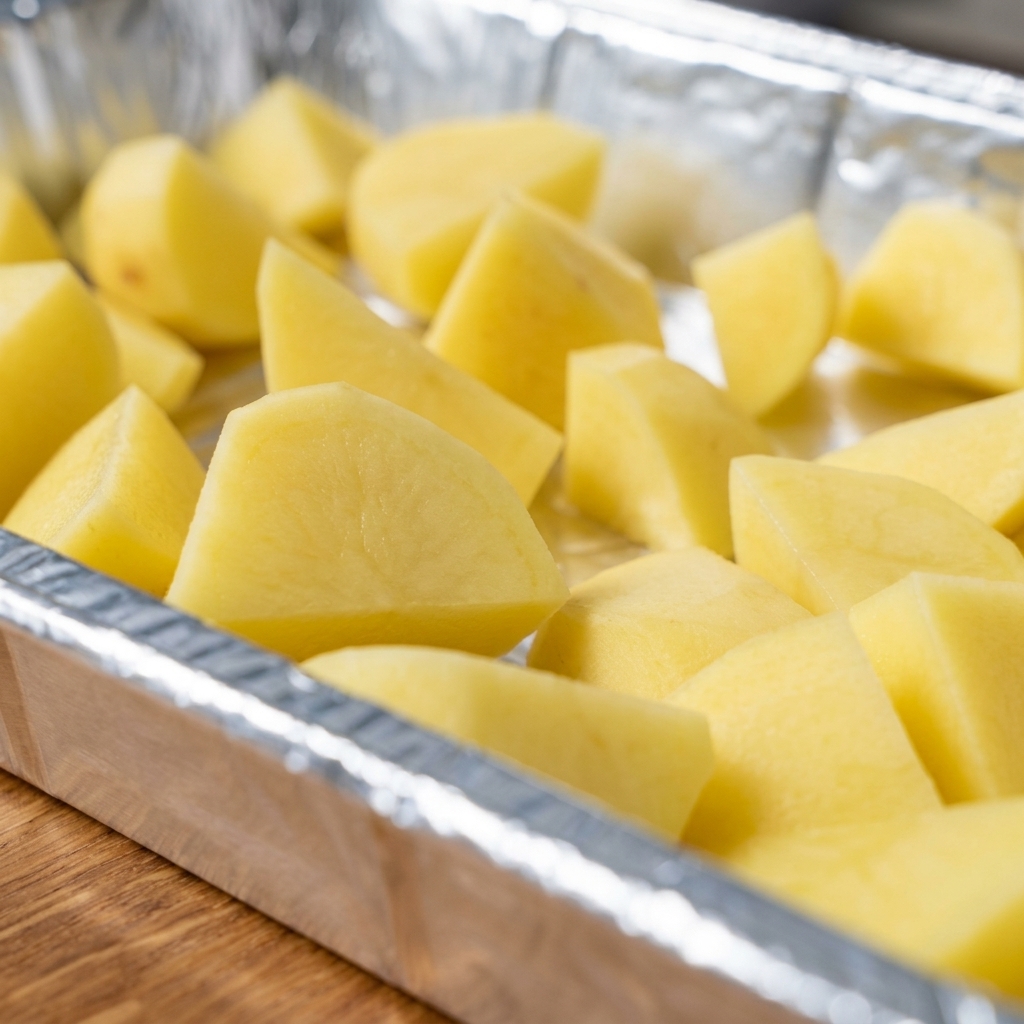Una capa base de patatas picadas y col fresca dispuestas en una bandeja de aluminio.