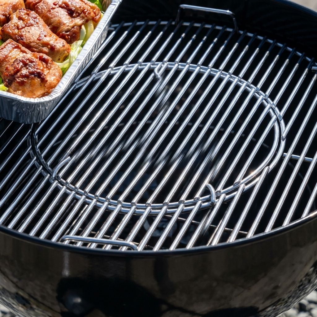 Una rejilla de parrilla vacía lista para la bandeja de aluminio con pollo y vegetales.
