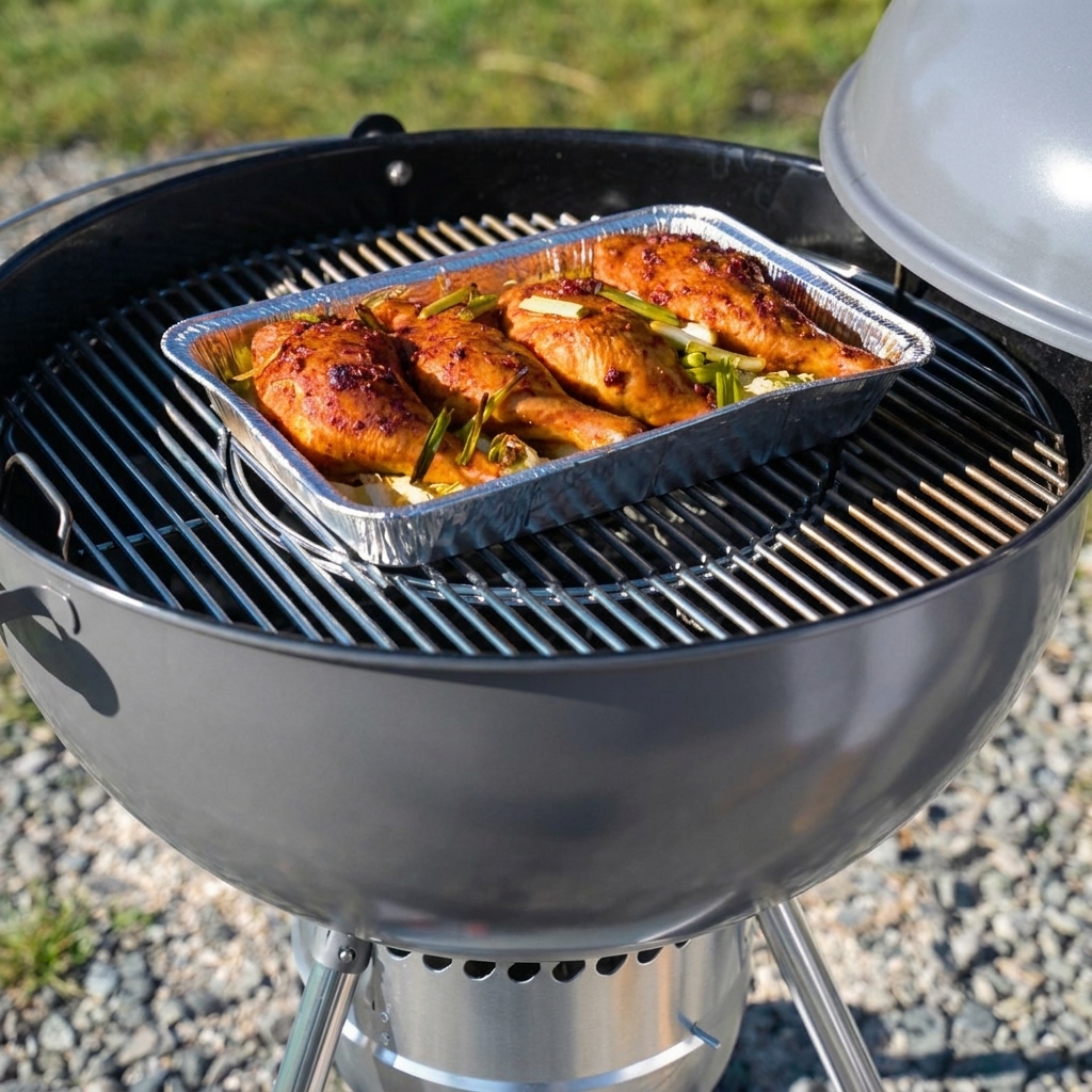 Muslos de pollo en la parrilla siendo cubiertos con una salsa roja espesa.
