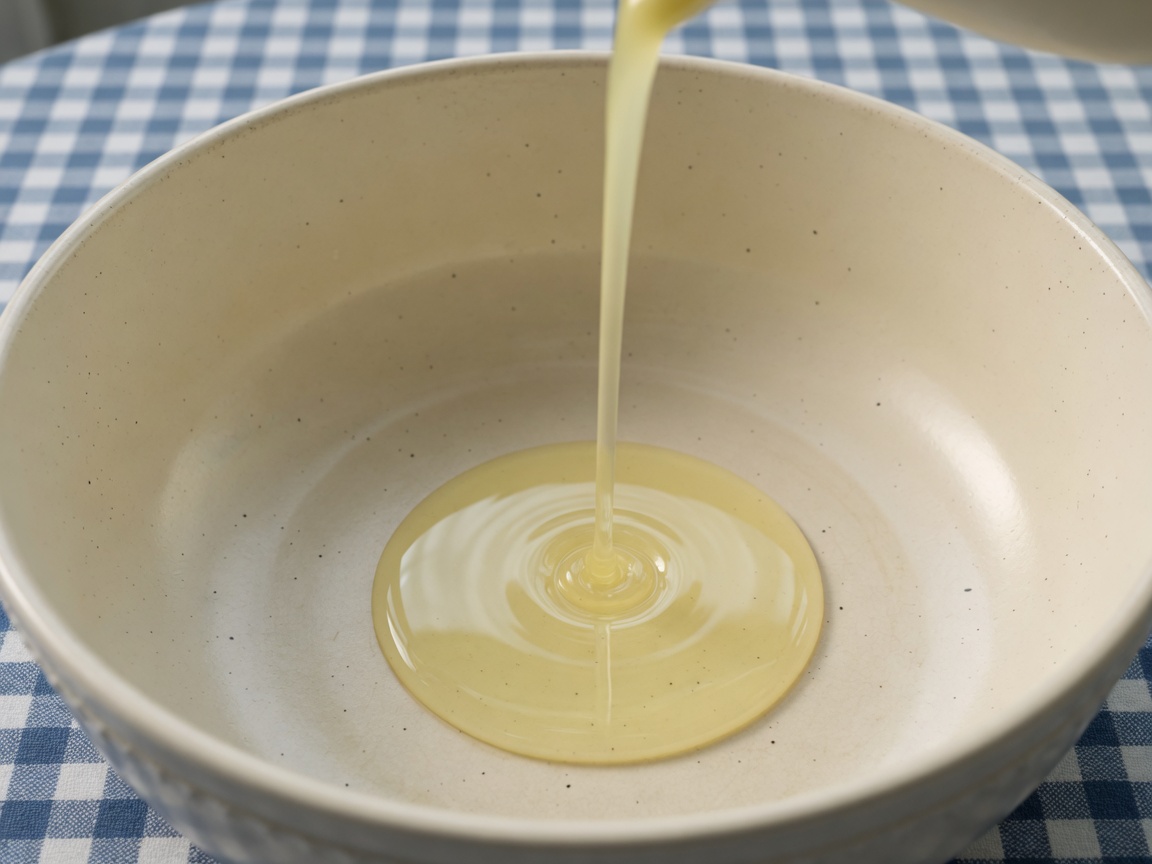 Aceite de cocina vertido en una olla blanca limpia.
