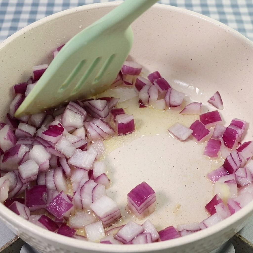 Cebolla roja picada sofrita en una olla con una espátula de silicona.