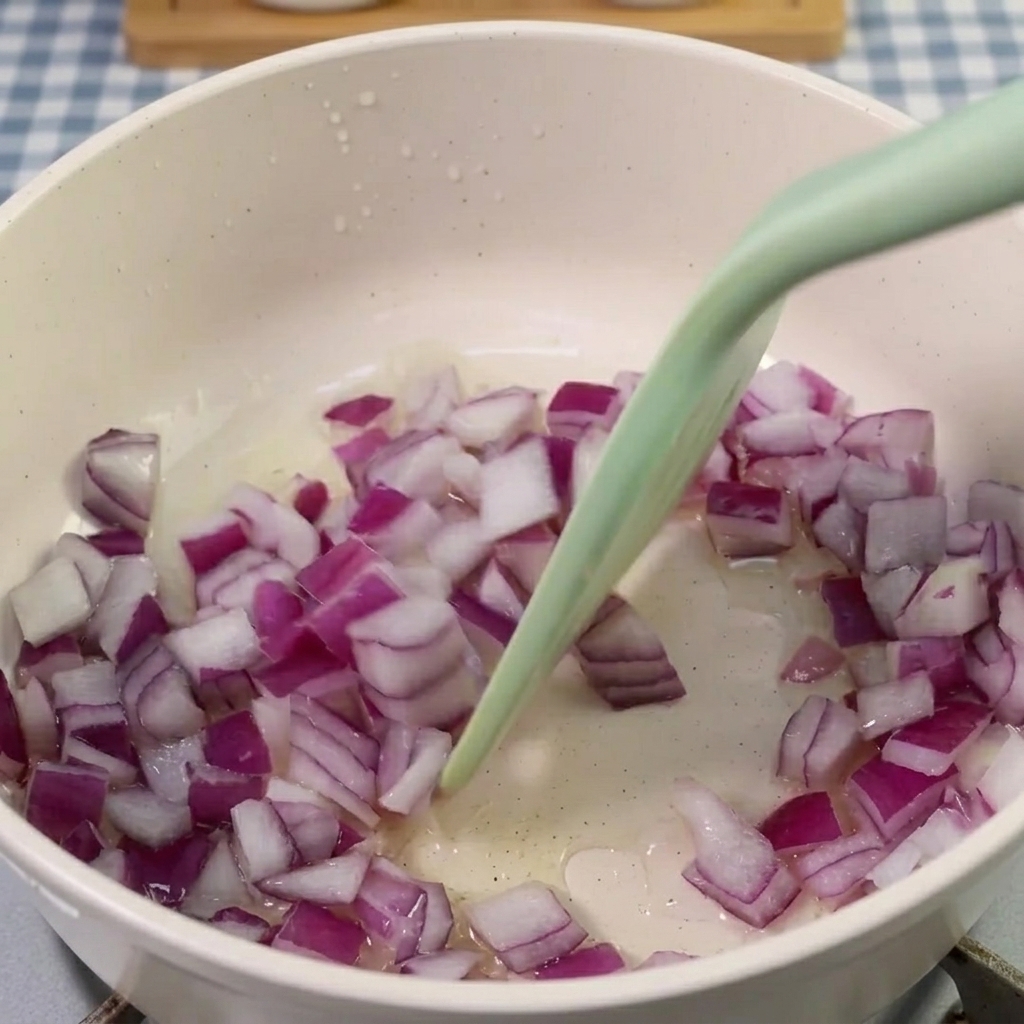 Kimchi siendo añadido a una olla con cebolla roja sofrita.