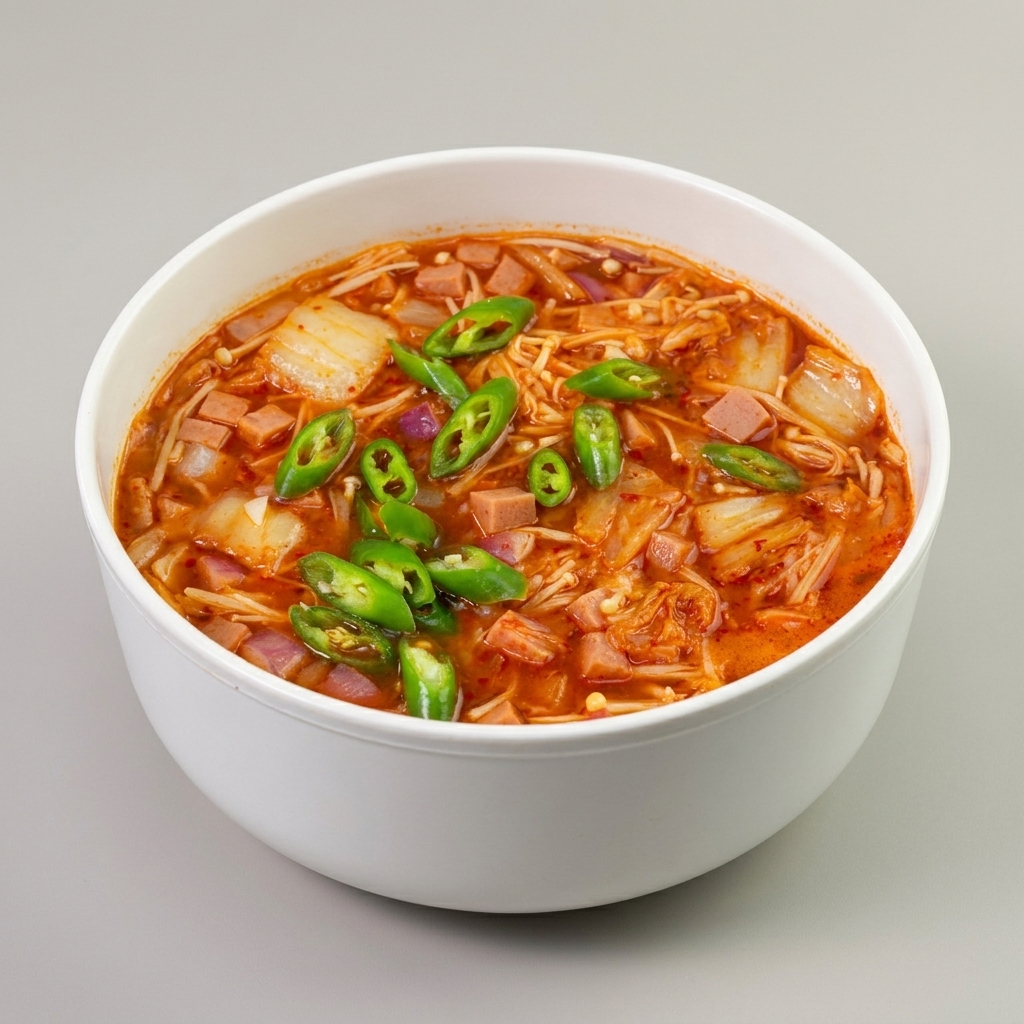Rodajas de chile verde siendo añadidas a una olla burbujeante de sopa de kimchi y champiñones.