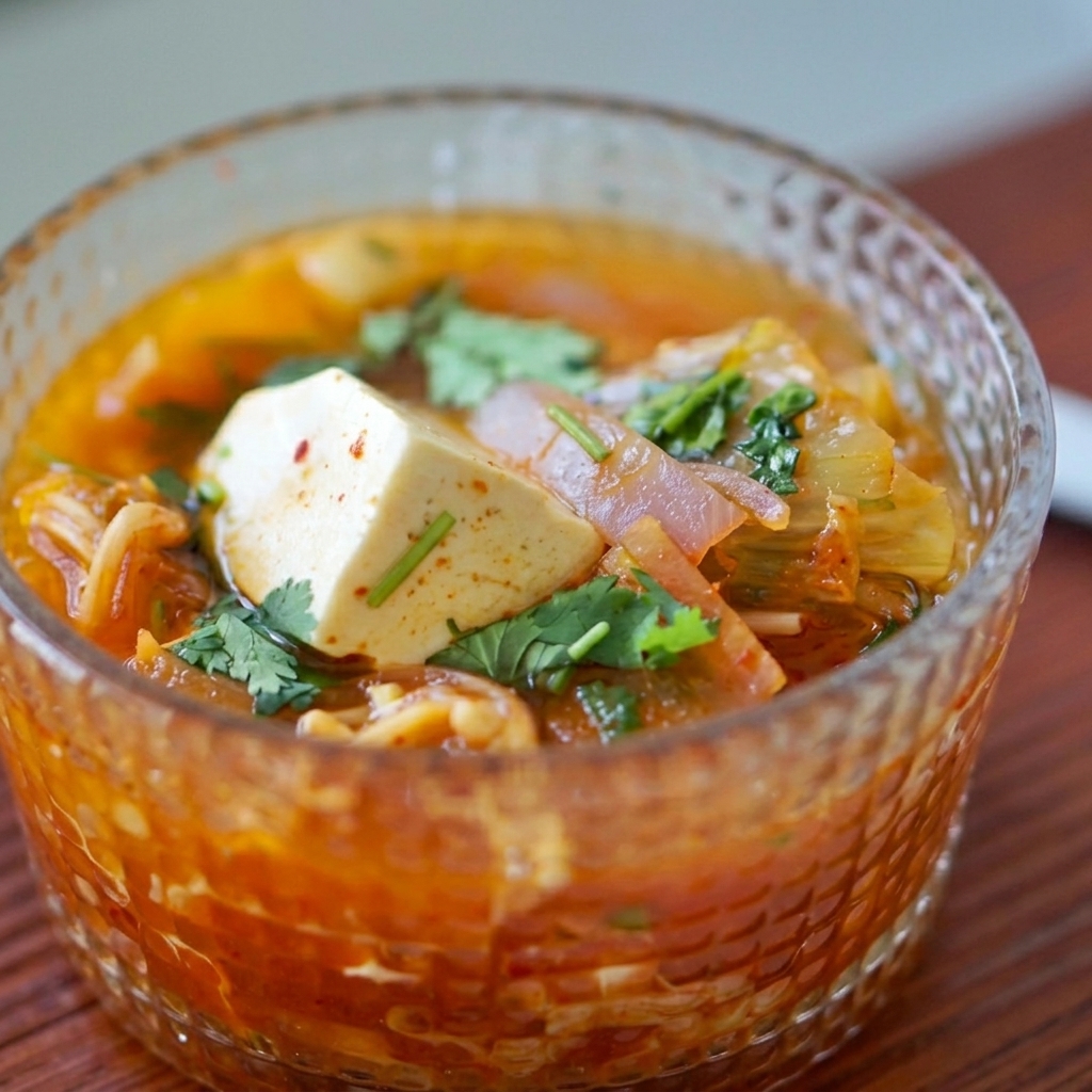 Cubos de tofu siendo añadidos cuidadosamente a la sopa de kimchi hirviendo.