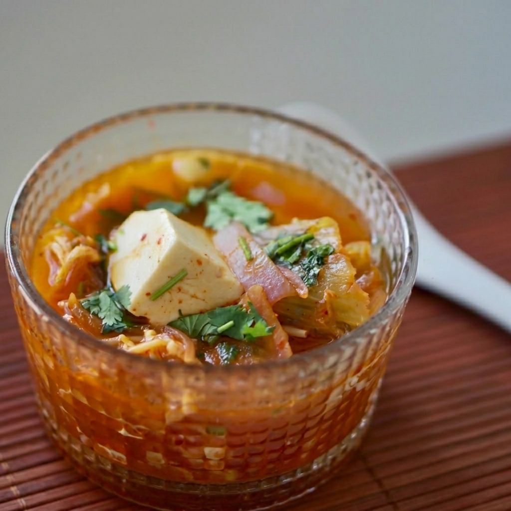 Una cucharada de pasta de chile coreano roja siendo mezclada en el caldo de la sopa.