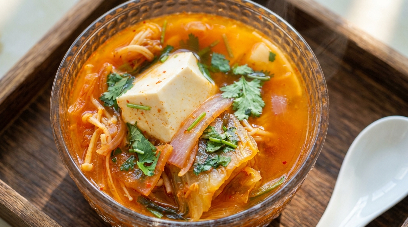 Sopa Coreana de Kimchi, Tofu y Champiñones Enoki