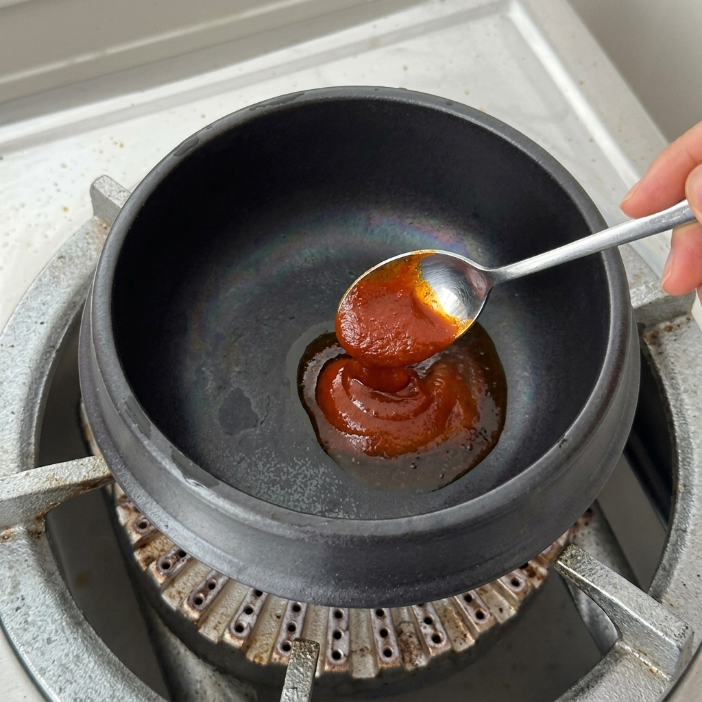 Rodajas de cebolla blanca y ajo picado siendo añadidos a la olla caliente con la base de chile.