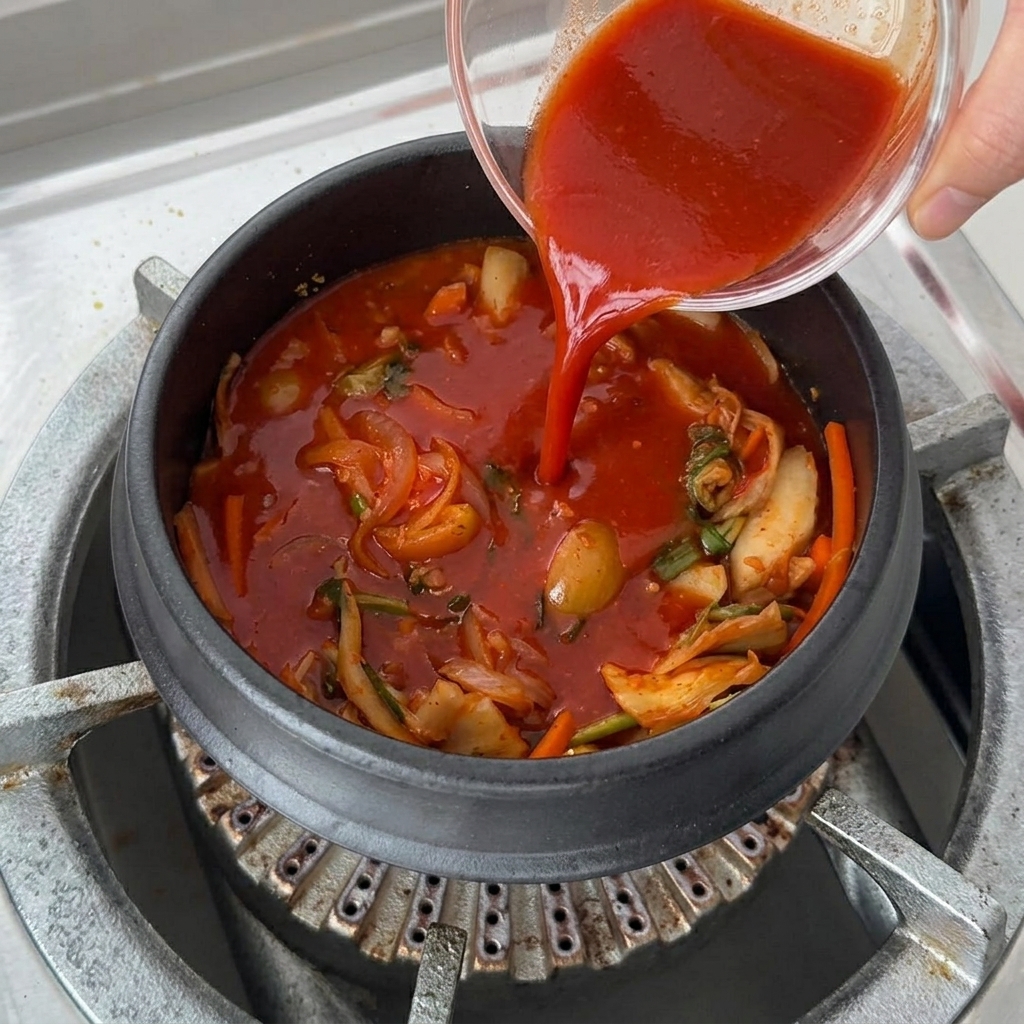 Rodajas de tofu firme y un manojo grande de champiñones enoki siendo colocados en el caldo de kimchi burbujeante.