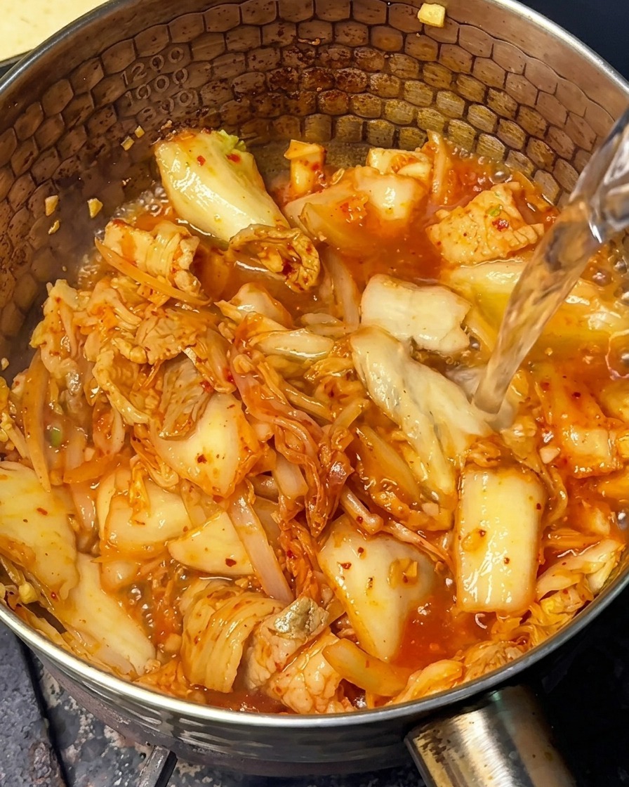 Agua caliente siendo vertida sobre la mezcla de kimchi y cerdo en la olla.