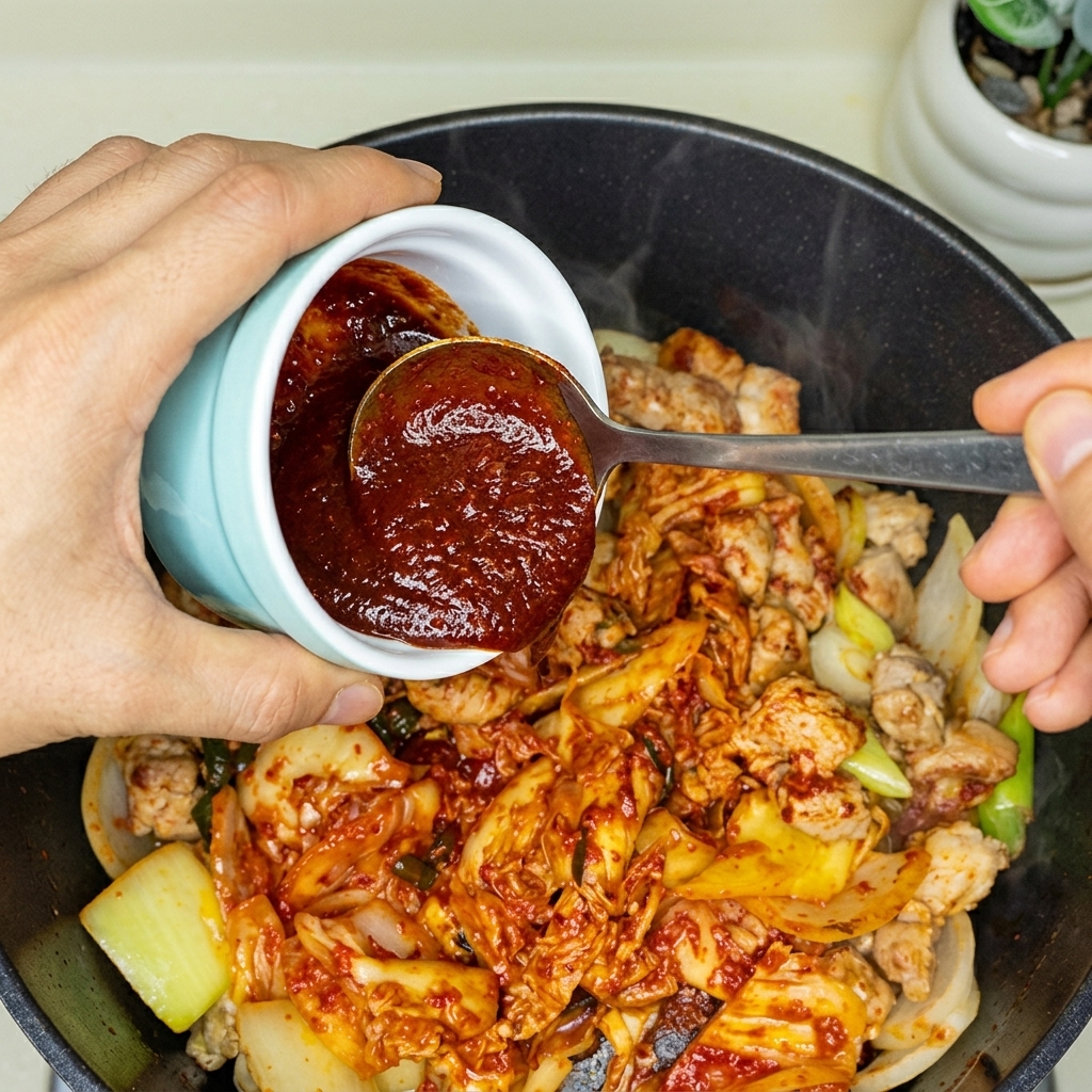 Mezcla de salsa roja espesa siendo vertida desde un cuenco pequeño a la olla de cocción.