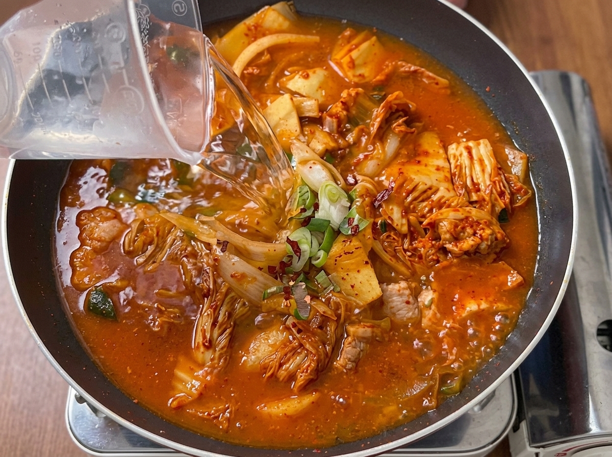 Agua siendo vertida desde una taza medidora en una sartén llena de kimchi y cerdo salteados.