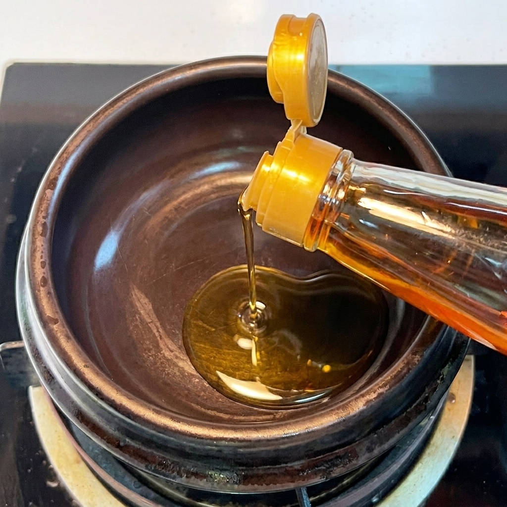 Aceite de sésamo vertiéndose en una cazuela de barro negra vacía y caliente sobre la estufa.