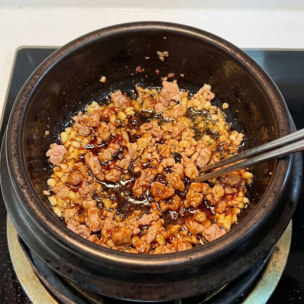 Kimchi en rodajas y cerdo picado siendo salteados juntos en una cazuela de barro hasta que están fragantes.