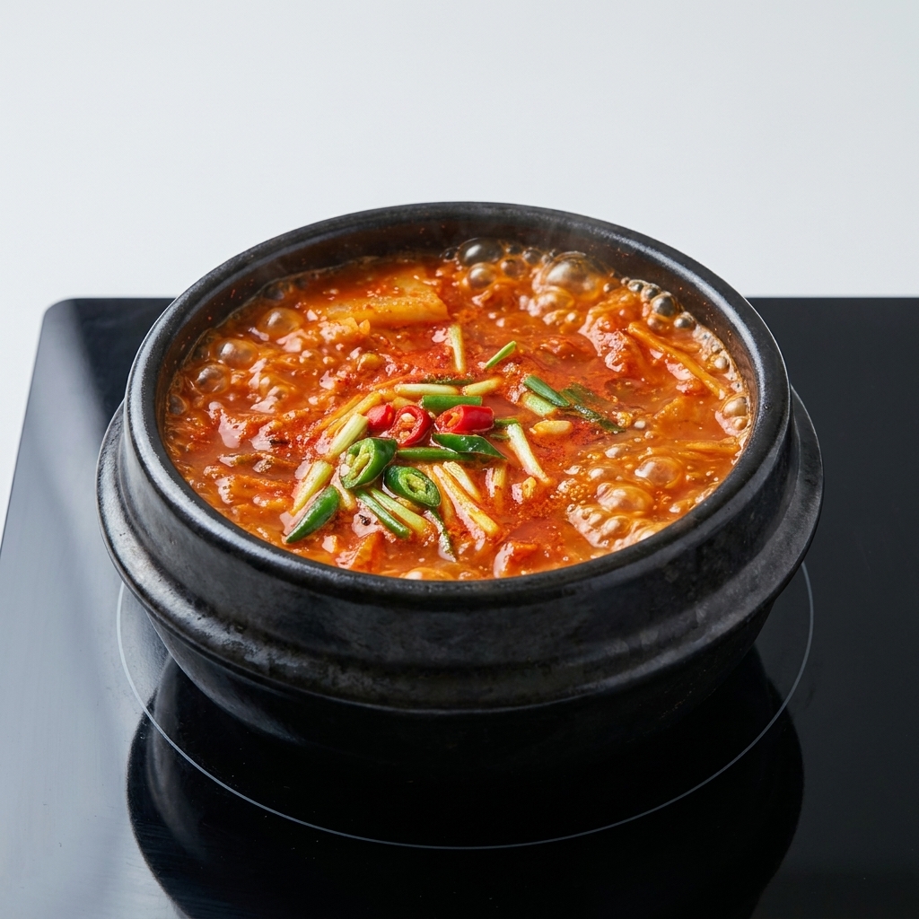 Pasta de chile rojo y pasta de soja siendo mezcladas con el kimchi y el cerdo sofritos en una cazuela caliente.