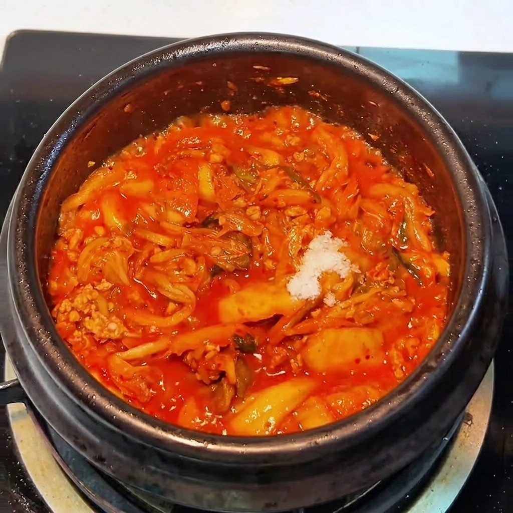 Una pequeña cantidad de azúcar blanca siendo añadida a la mezcla de kimchi y cerdo que se cocina en la cazuela.