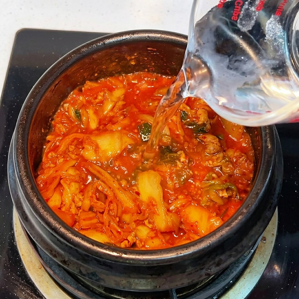 Agua caliente siendo vertida desde una taza medidora dentro de la cazuela de barro que contiene la mezcla de kimchi.