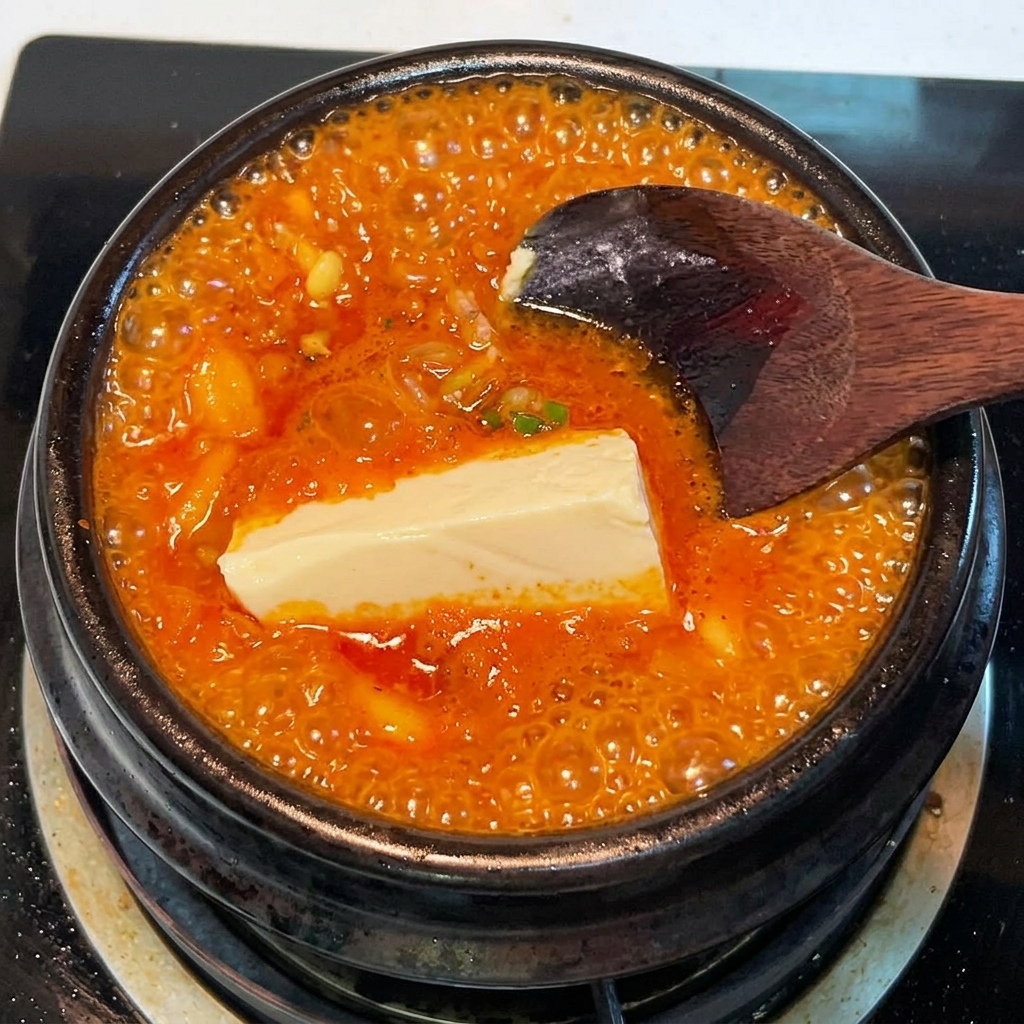 Un bloque de tofu sedoso blanco siendo sumergido en un estofado de kimchi hirviendo.