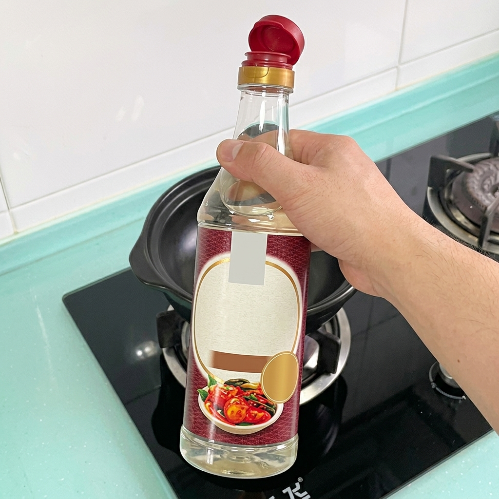 Salsa de pescado coreana vertida desde una botella en el caldo hirviendo.