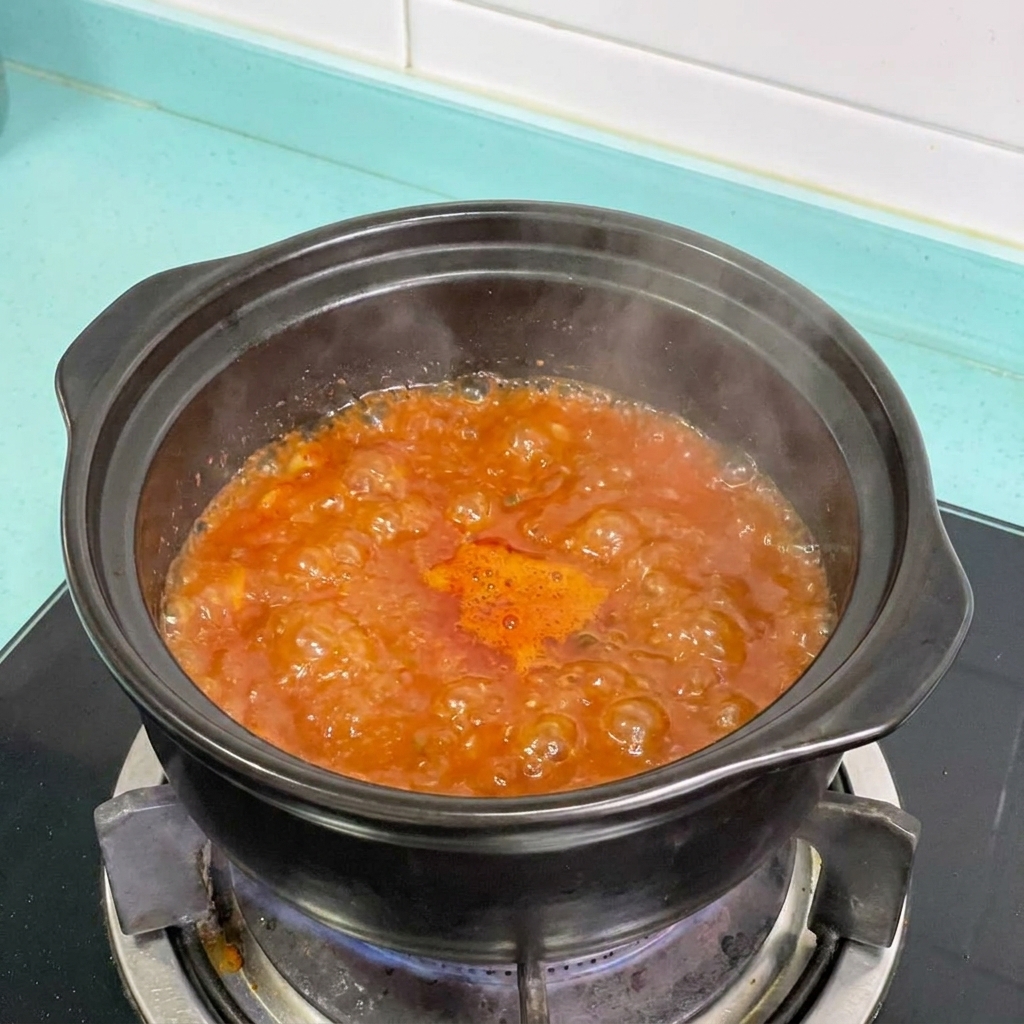 Cebolla y tofu añadidos a la olla con el estofado rojo burbujeante.