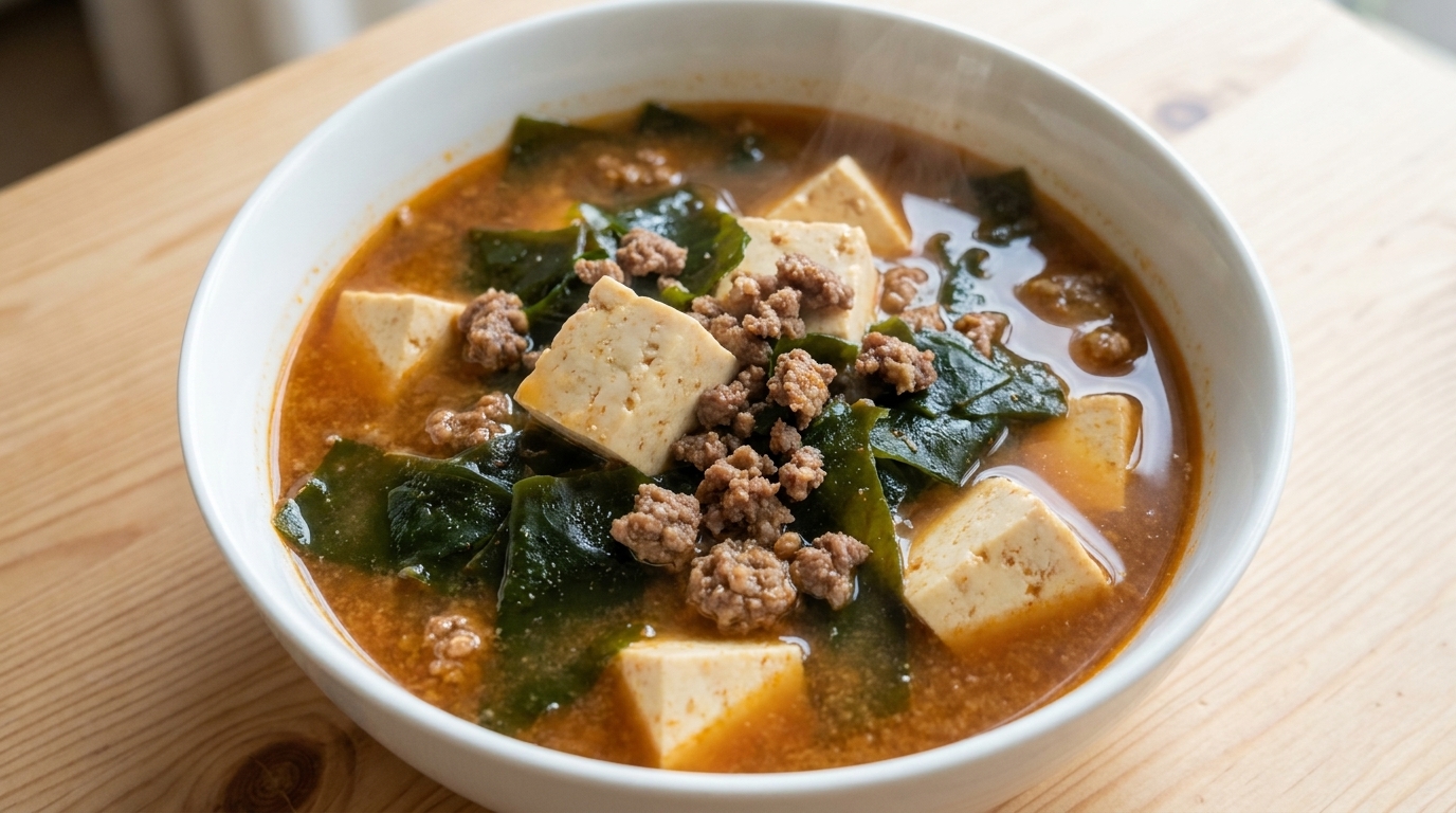 Un cuenco de sopa coreana de pasta de soja con tofu, algas wakame y carne picada sazonada.