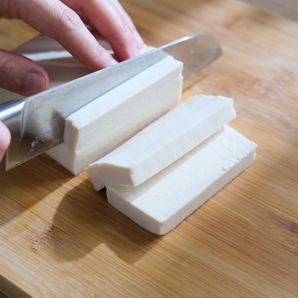 Un bloque de tofu blanco siendo cortado en cubos pequeños y uniformes sobre una tabla de madera.