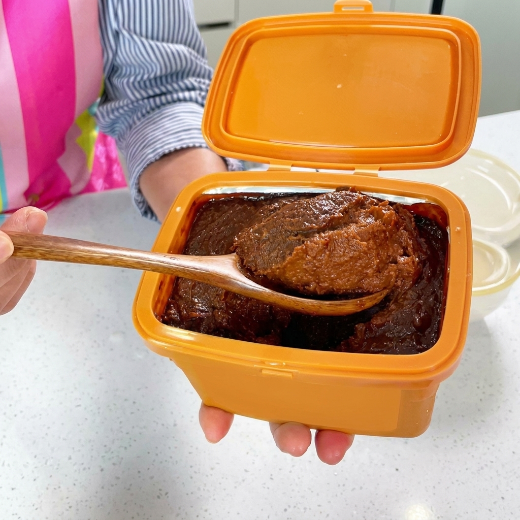 Una cucharada grande de pasta de soja espesa y marrón siendo introducida en la olla de piedra con agua de arroz.