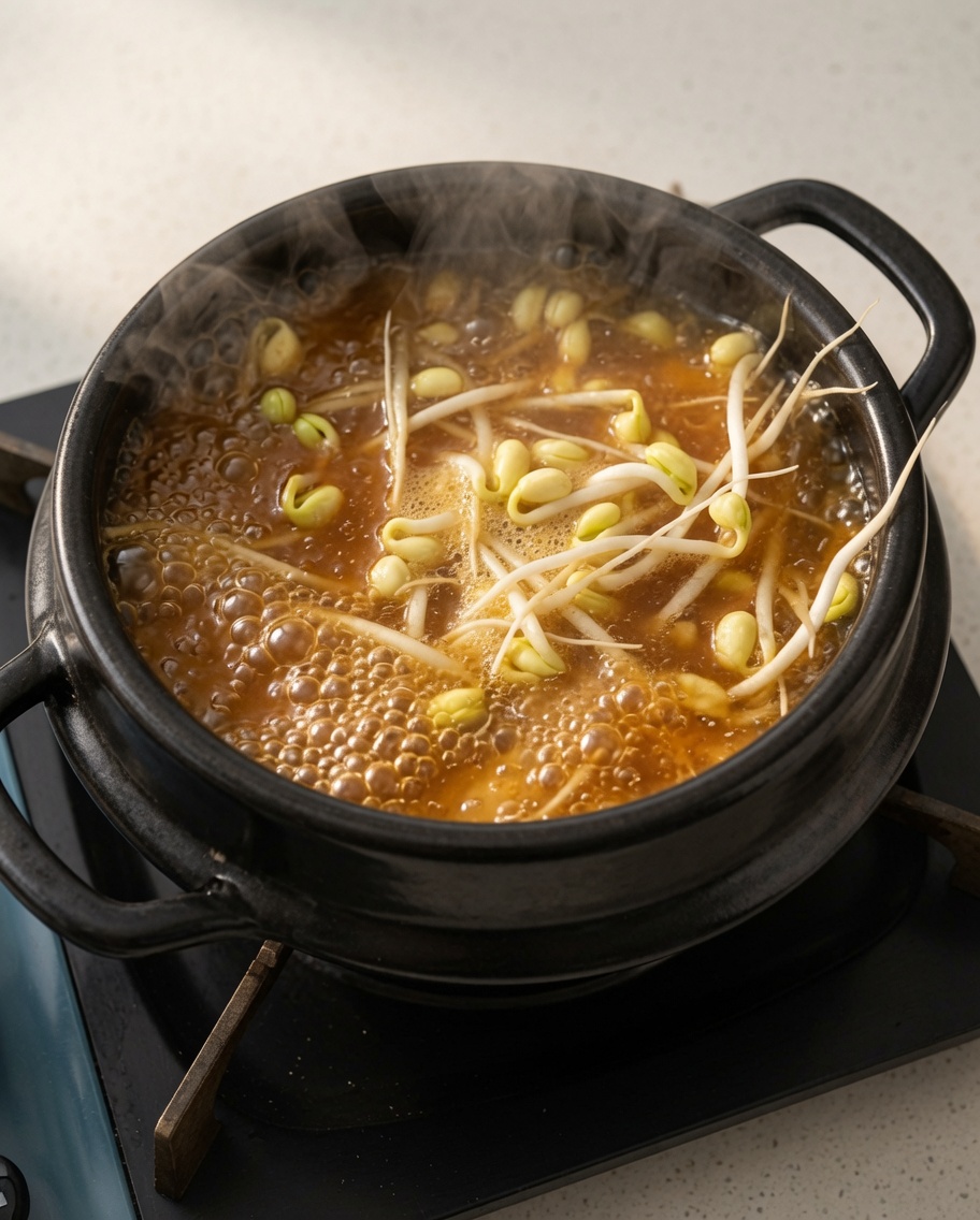 Brotes de soja, rodajas de cebolla blanca y cubos de tofu añadidos al estofado hirviendo.