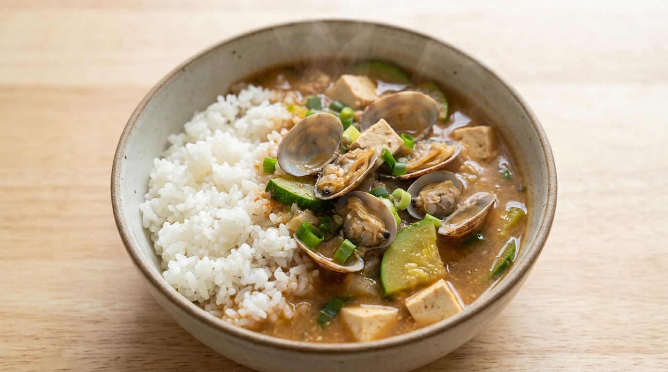 Un cuenco humeante y abundante de Doenjang-jjigae coreano servido con una guarnición de arroz blanco.