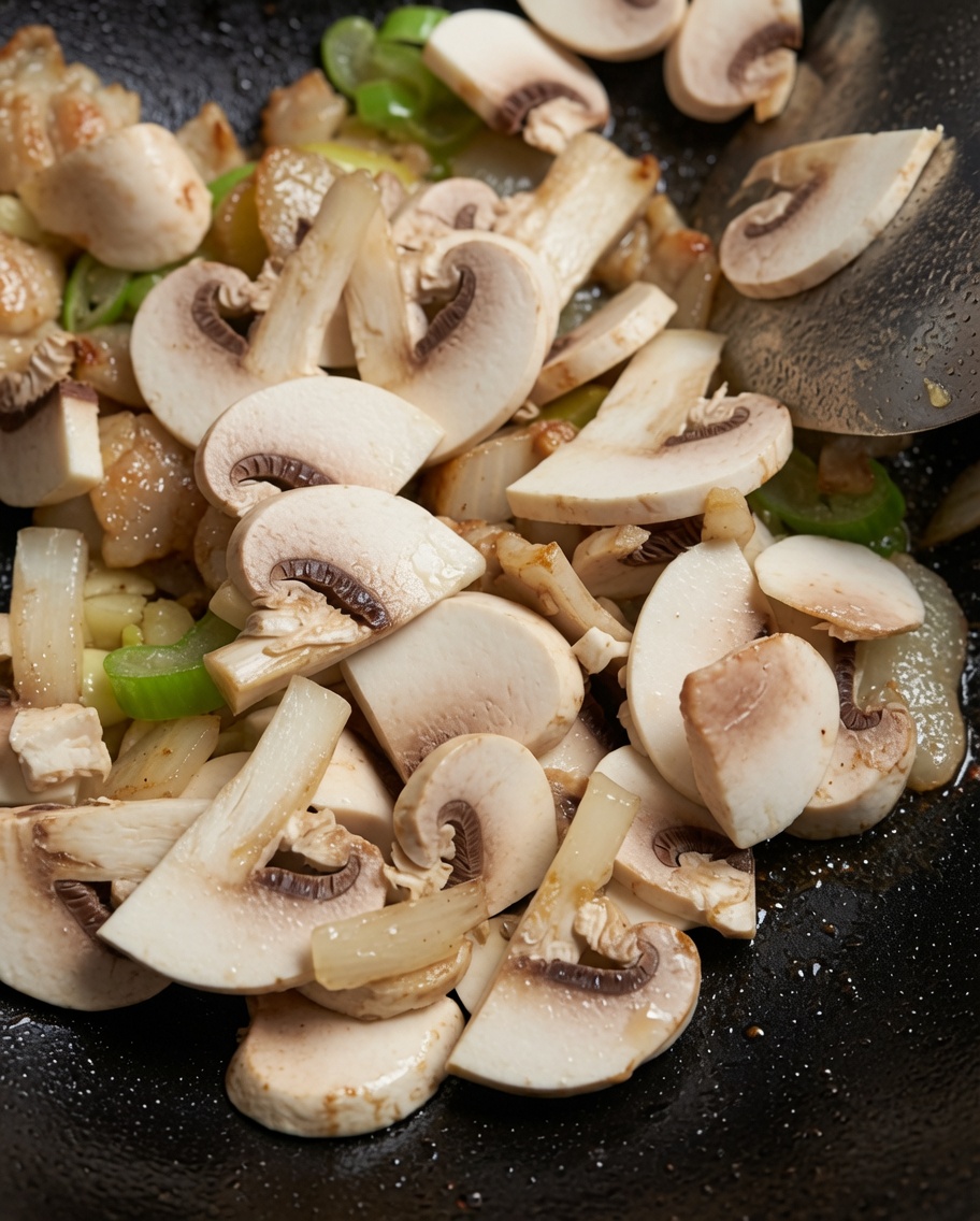 Champiñones laminados cocinándose en una sartén con el cerdo y los aromáticos.