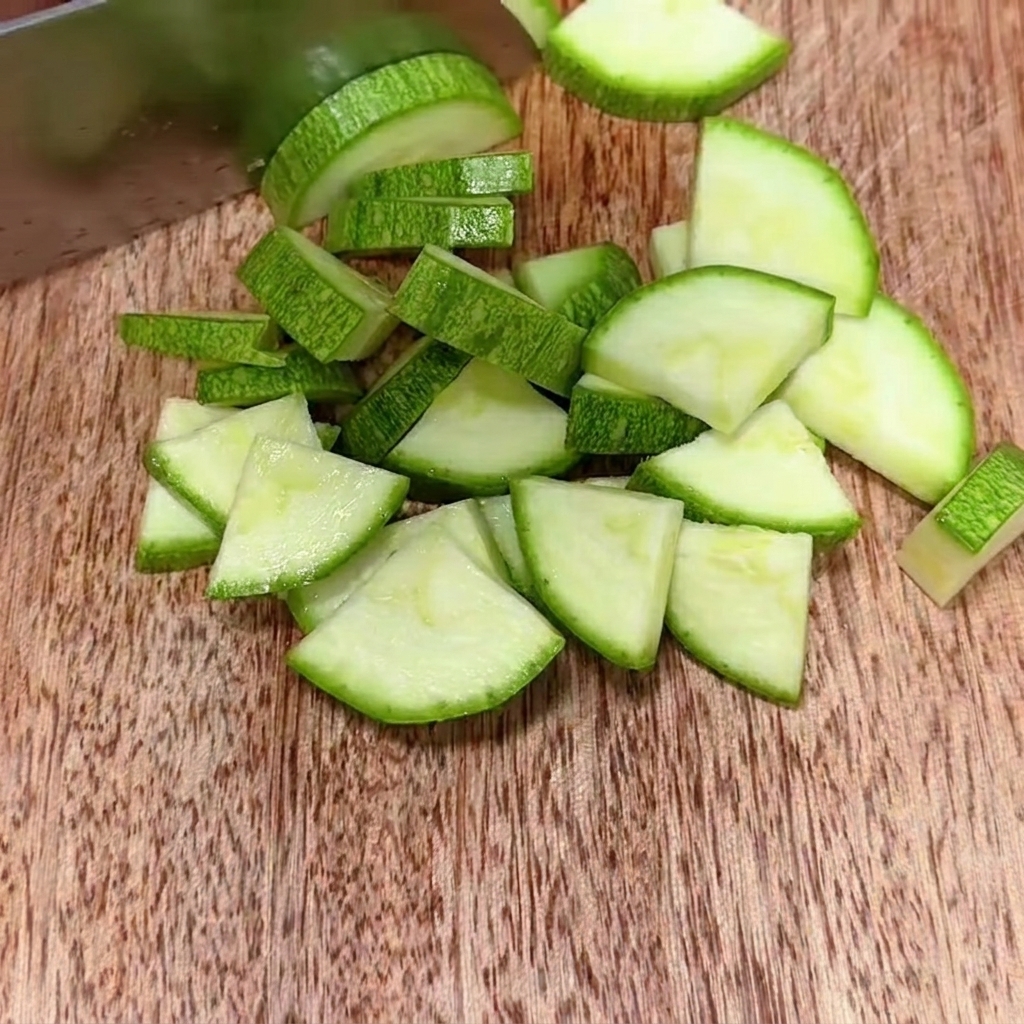 Calabacín verde fresco cortado en trozos pequeños y uniformes, dispuestos sobre una tabla de cortar de madera.