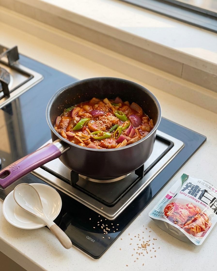 Sofriendo kimchi con panceta y aromáticos en una olla.