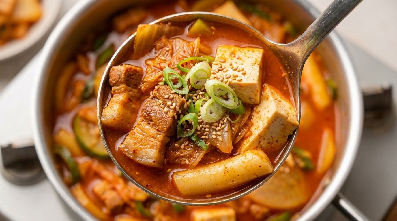 Estofado Picante de Panceta, Pasteles de Arroz y Tofu