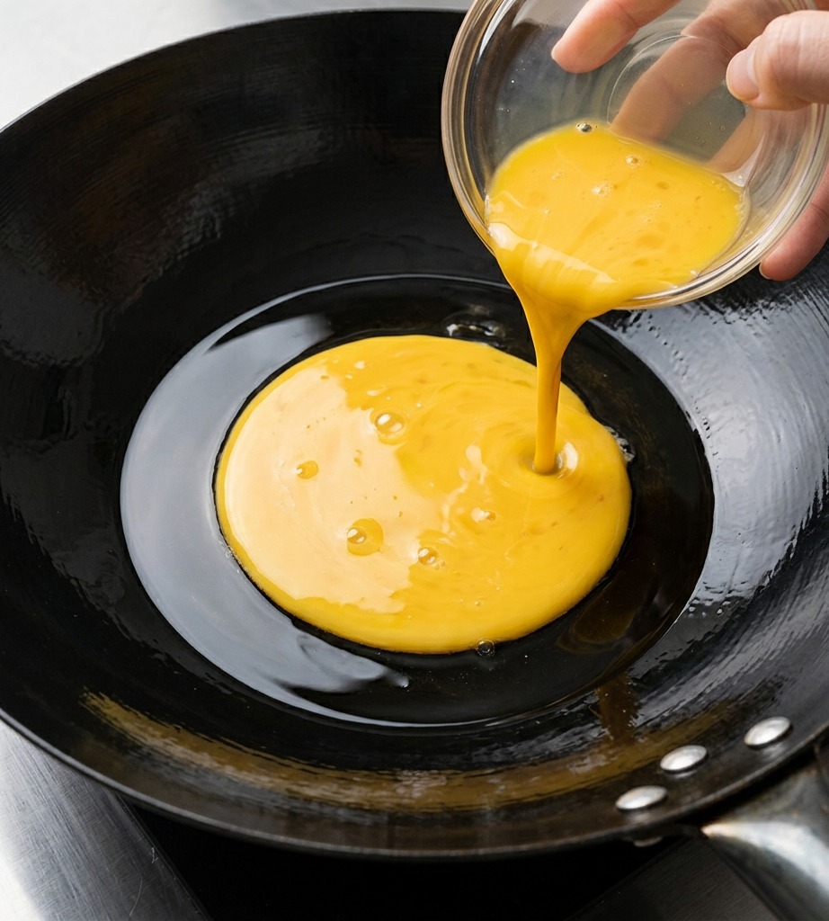 Huevos siendo revueltos en un wok caliente con un poco de aceite, mostrando una textura suave y amarilla.