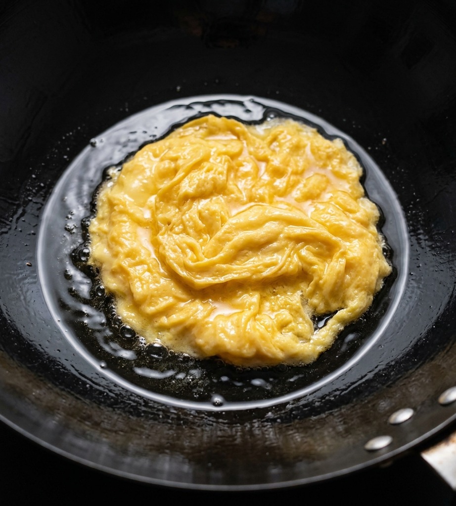 Agua hirviendo siendo vertida en un wok que contiene huevos revueltos, creando un caldo burbujeante de color amarillo claro.
